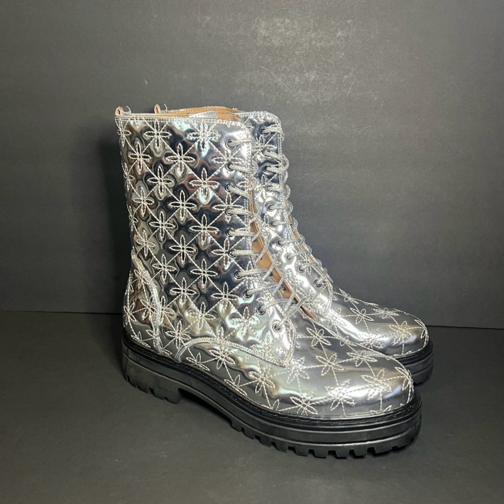 Aerosoles Aware X Laura Ashley Shelton Silver Faux Leather Quilted Boots